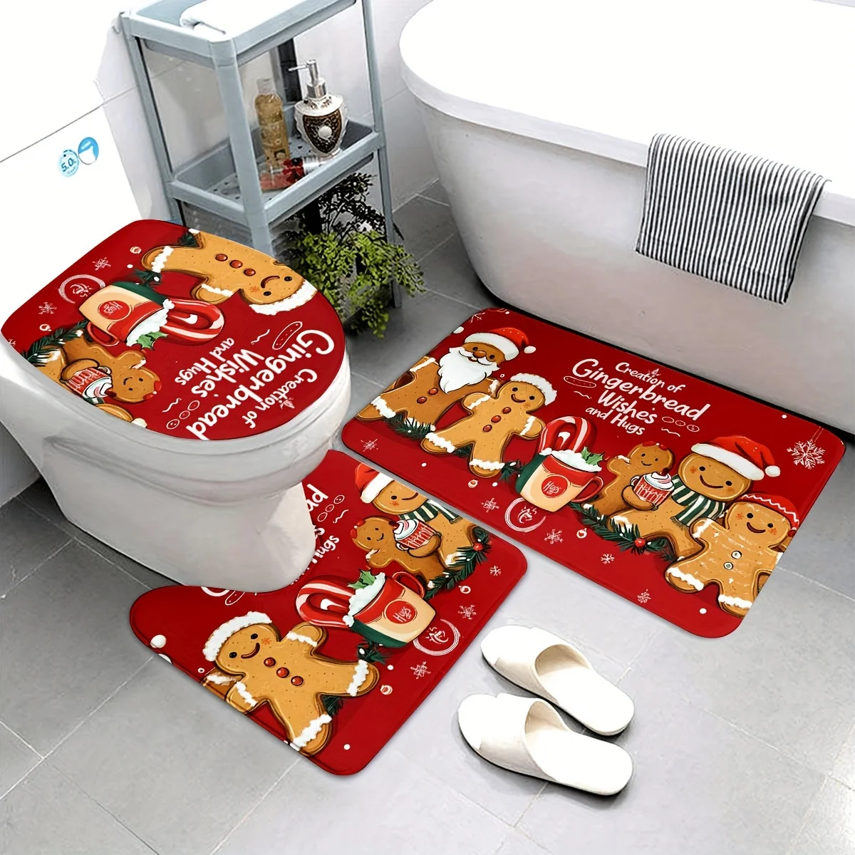 Christmas Gingerbread Bath Mat Set of 3 Machine Washable Knit Weave Polyester Christmas Holiday Decor