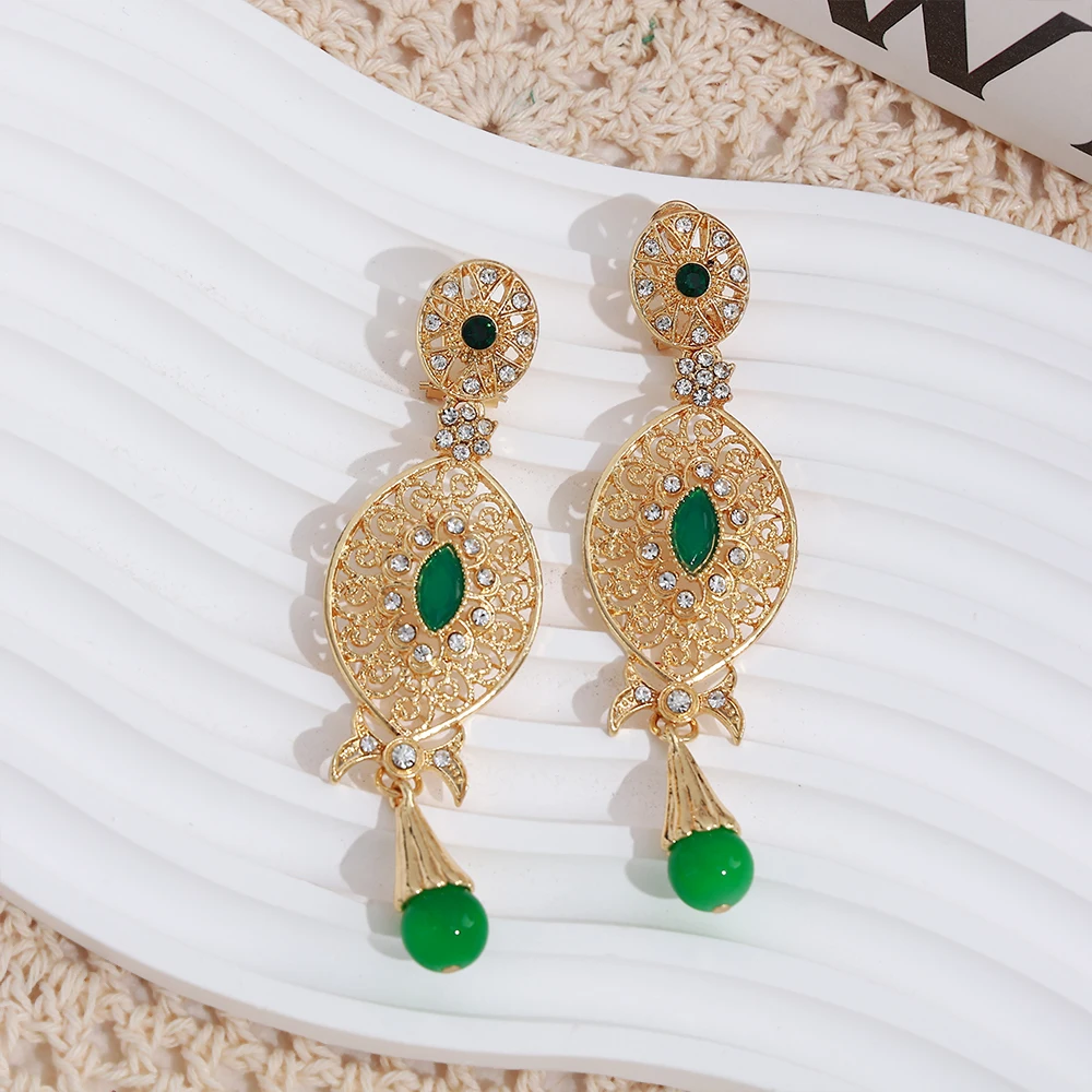 Moroccan Earrings New Trend Women's Wedding Dress Hollowed Out Pattern Design Moroccan Crystal Matching Tassel Earrings