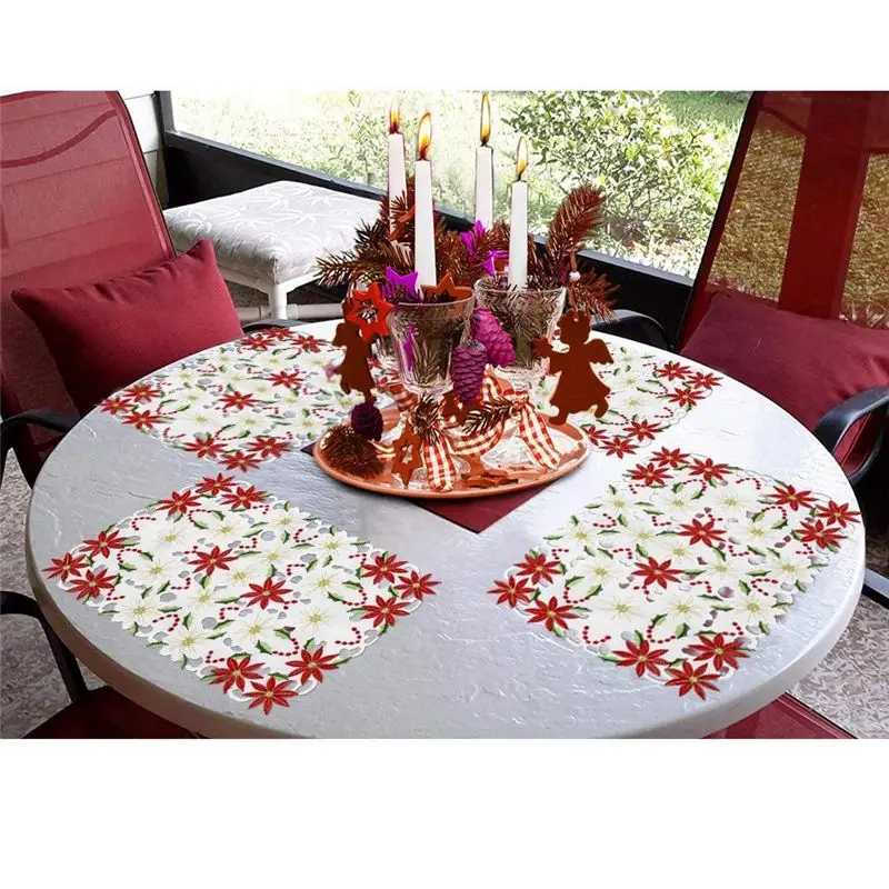 AT84-Placemats Set Of 6 Embroidered Christmas Poinsettia & Holly Design, 11X17 Inch Christmas Table Decor Red & White