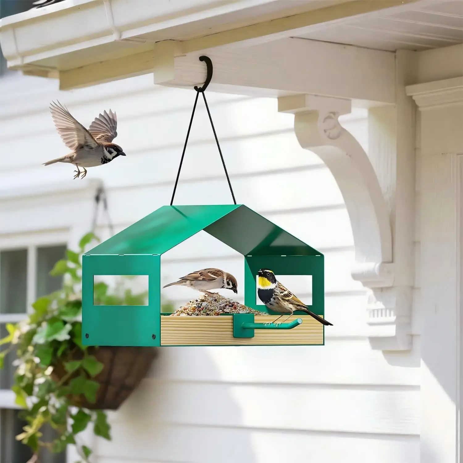 Fly-Through Bird Feeder Metal Rainproof Roof Stainless Steel Mesh Outdoor Wild Bird Feeder for Garden Yard Patio view 5