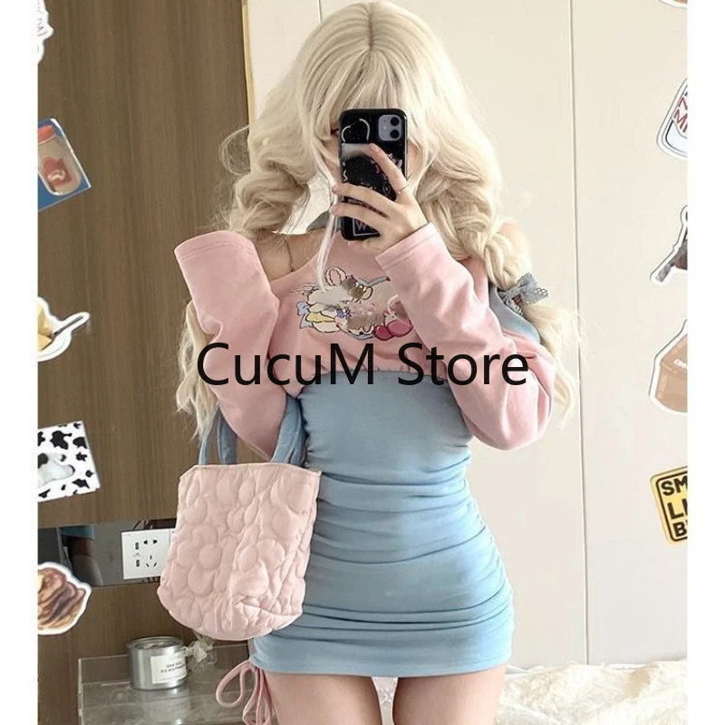 Women Korean Chic Patchwork Print Mini Bodycon Dresses Y2k Off Shoulder Sweet Girls Pink Blue Folds Pleated Dress 2023 Summer