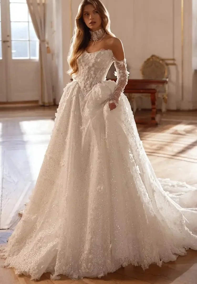 Wedding Dresses 2026 Luxury Vestido De Novia Boda 2 En 1 Desmontable Long Sleeve Dress Blanco Civil A Line Encaje Basque Waist