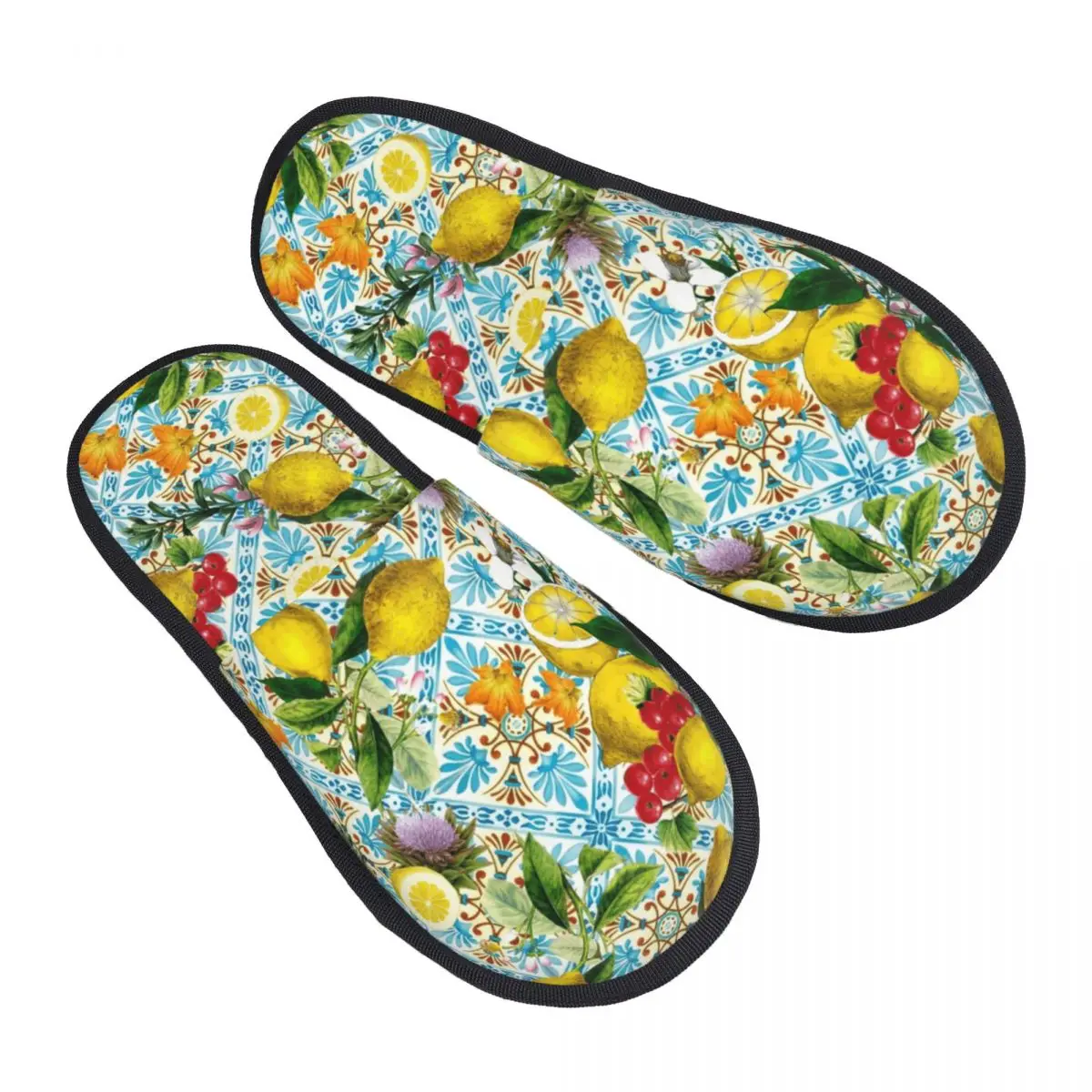 

Пользовательские летние фруктовые лимоны, средиземноморские тапочки из пены с эффектом памяти, женские уютные теплые домашние тапочки
