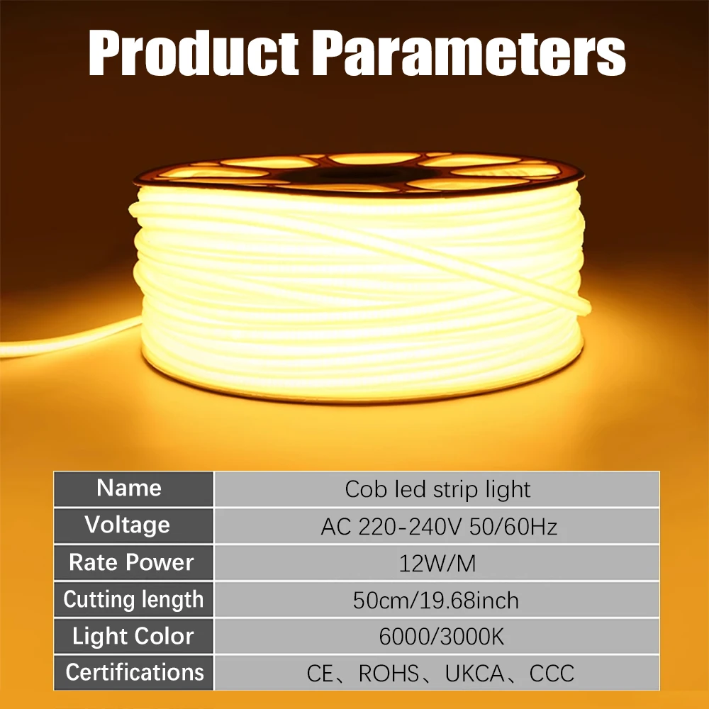 COB Led Strip 220V High Brightness 12W/M waterproof IP68 Flexible Led Light Strips For Kitchen Cabinet Outdoor Garden Lighting