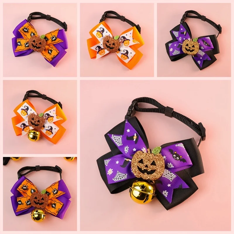 Halloween Pets Bow Tie Dog Cat Collars Adjustable Breakaway Kitten Collars Safety with Pendant Bell Pumpkin Ghost Bats Collar