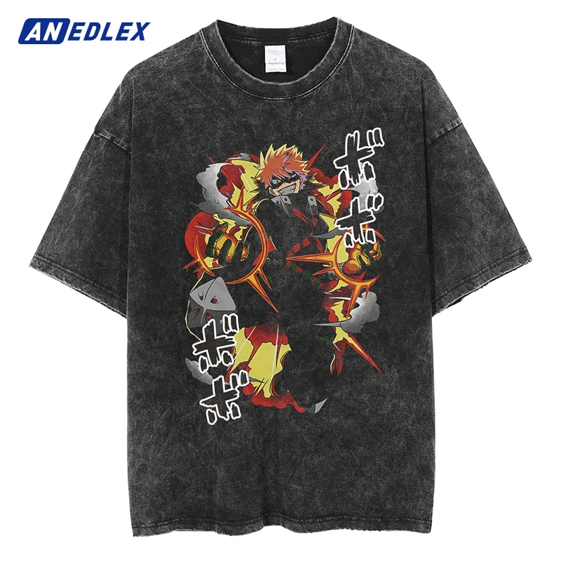 Summer Anime T-Shirts Grappler Printing Men Washed Streetwear Oversized Hip Hop Vintage Harajuku T-shirt Cotton Tees