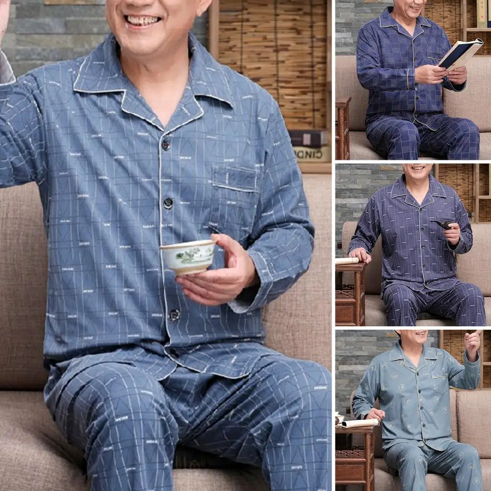 Men Pajama Set Mid-aged Father\'s Spring Summer Pajamas Set with Long Sleeve Shirt Wide Leg Pants for Comfortable Homewear