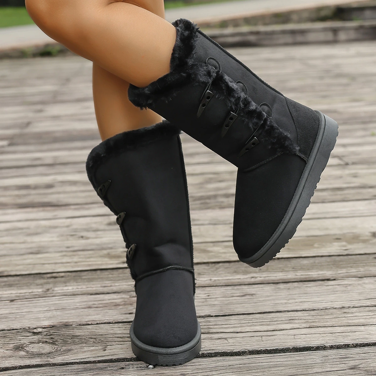 Damen Schneestiefel Winter Halbstiefel Warme Baumwollschuhe Mode Einfarbige Knopf-Stiefel für Damen Braune Lange Stiefel Übergröße 36-42 – Detail 8