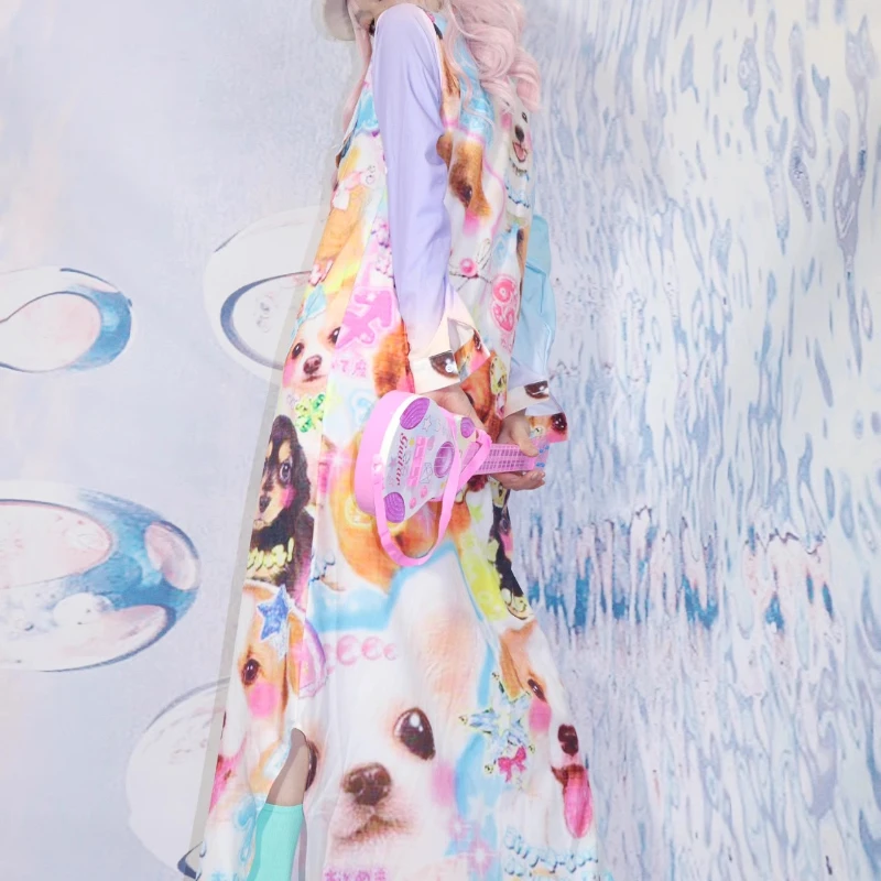 Japanese 2025 Spring Summer New Colorful Women's Long Dress Y2k Sweet Cute Cartoon Print Loose And Thin Shirt Dresses Ladies