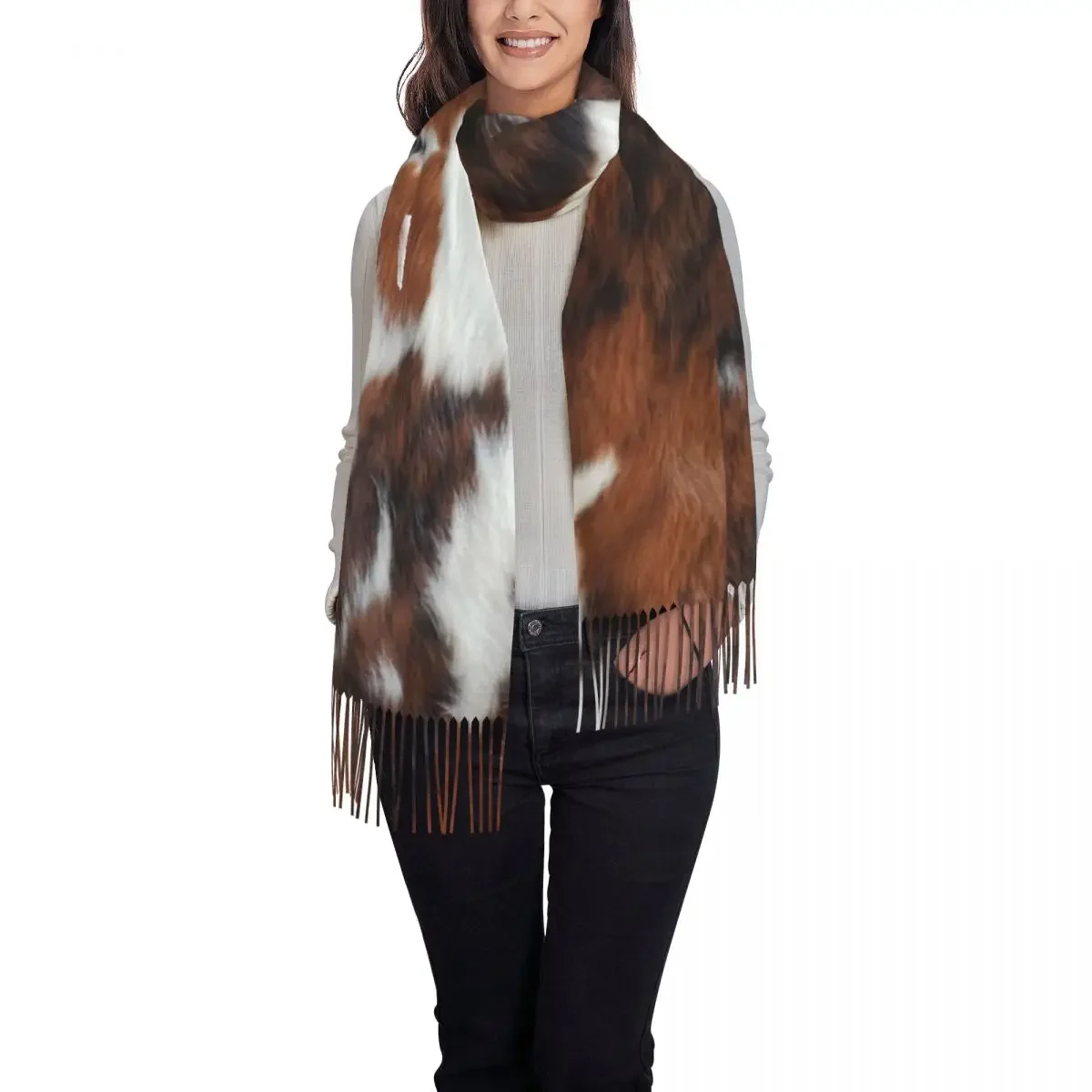 Personalized Printed Cowhide Leather Scarf Men Women Winter Fall Warm Scarves Animal Fur Texture Shawl Wrap