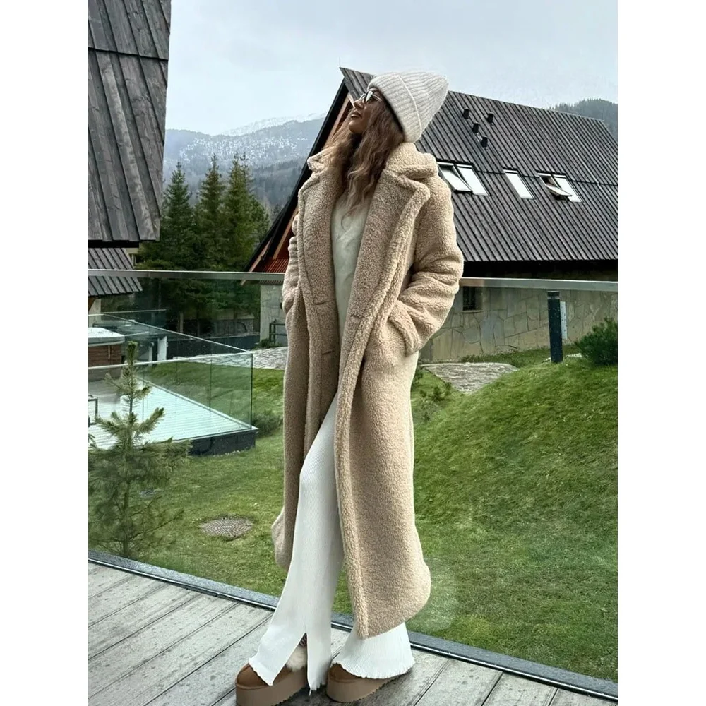 2024 Winter Women Casual Solid Coat Double Breasted Fleece Coat Loose Fit Long Coat Women Vintage Oversized Long Jacket