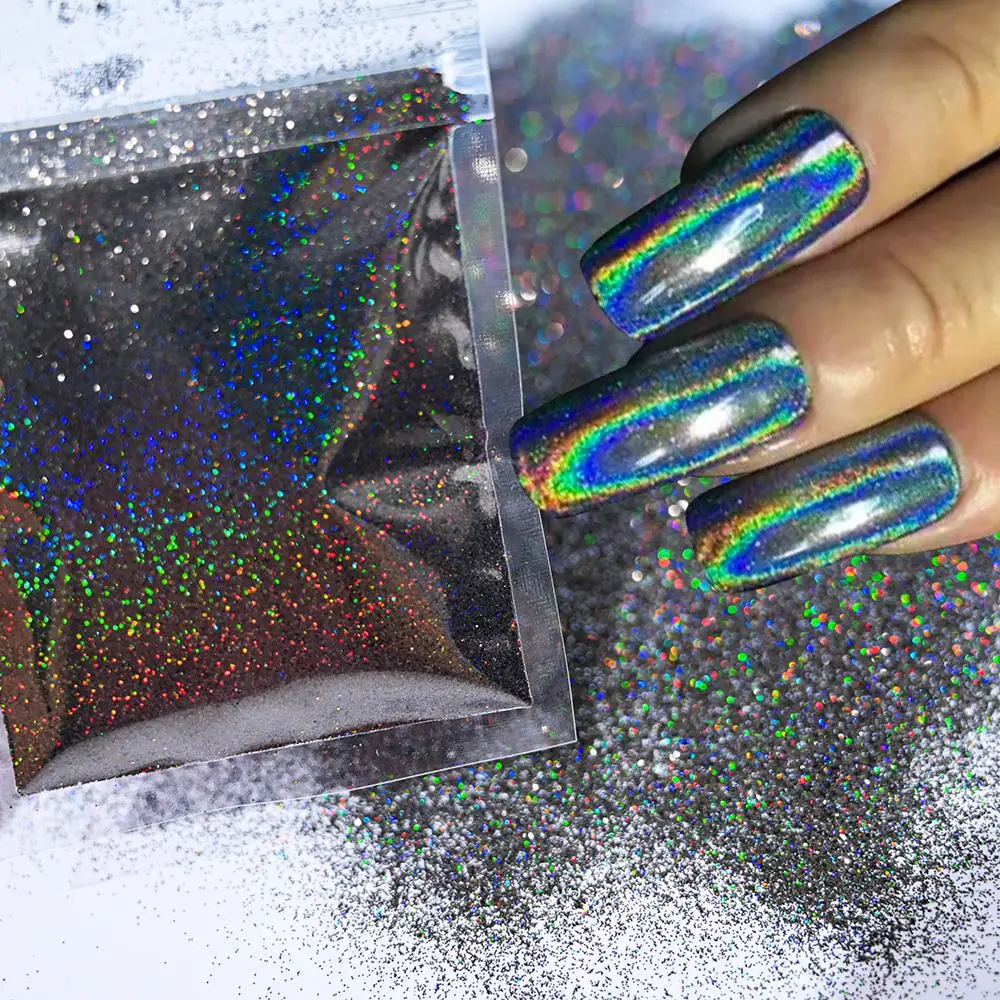 50g Laser Silver Holographic Nail Powder 0.2mm Chrome Rainbow Glitter Design Nail Art Pigment Rub Dust Fine Nail Glitter 008inch