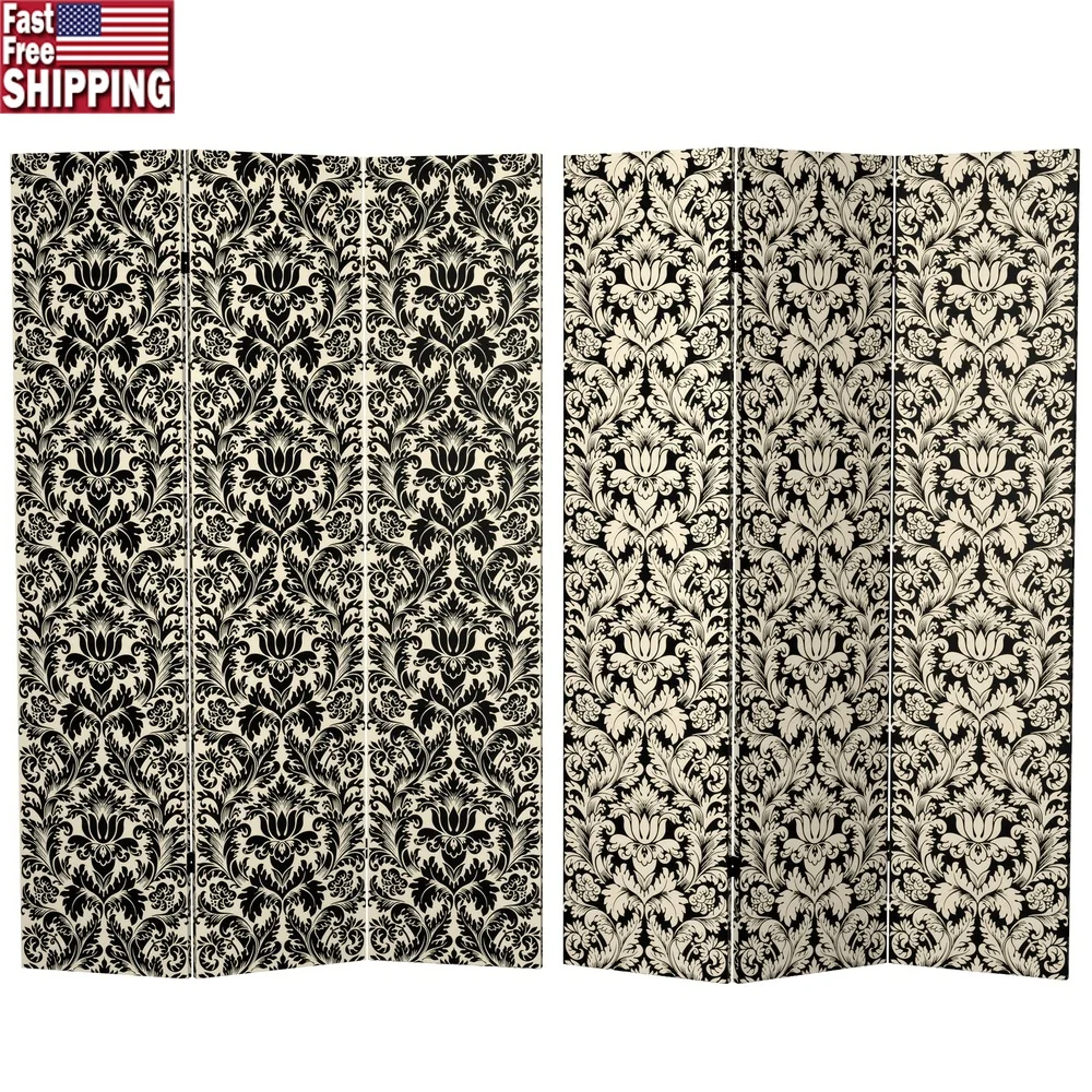 

6ft Tall Ebony Damask Canvas Room Divider 3 Panel Foldable Privacy Screen Lightweight Durable Decorative Accent Space Partition