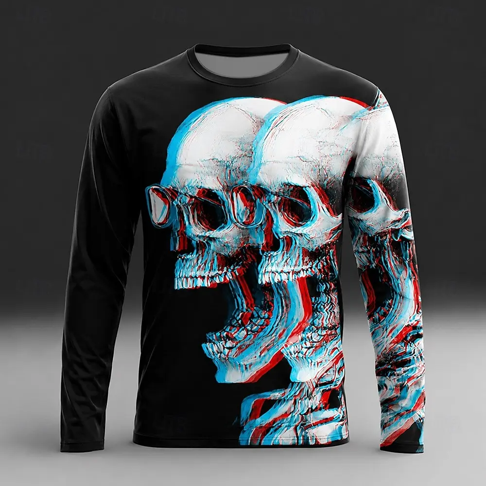 Men's Glitch Skeleton Skull Long‑Sleeve T‑Shirt 3D All‑Over Print Retro Distorted Skeleton Graphic Crew Neck Gothic Halloween