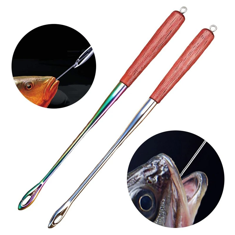 Hook Extractor Multifunctional Fishing Hook Remover Stainless Steel Wooden Handle Deep Throat Hook Head Fish Hook Removal Tool