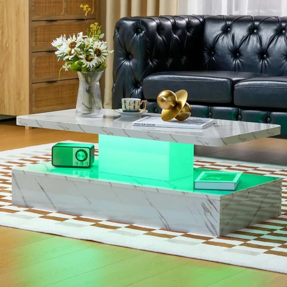 High Gloss Coffee Table, White Modern Central Table, Equipped with 16 Color Smart LED Lights, 2-layer Rectangular Design