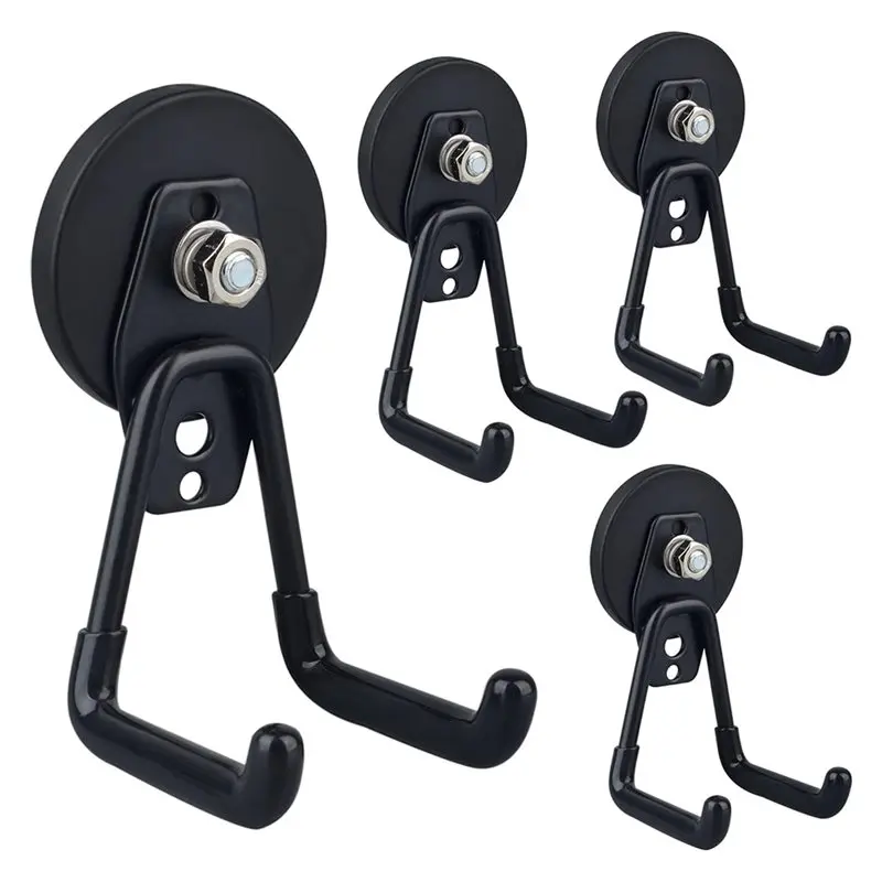 BSEVB-Garage Hooks, Magnetic Duty 4-Pack Strong Large Black Magnets For Indoor/Outdoor Hanging