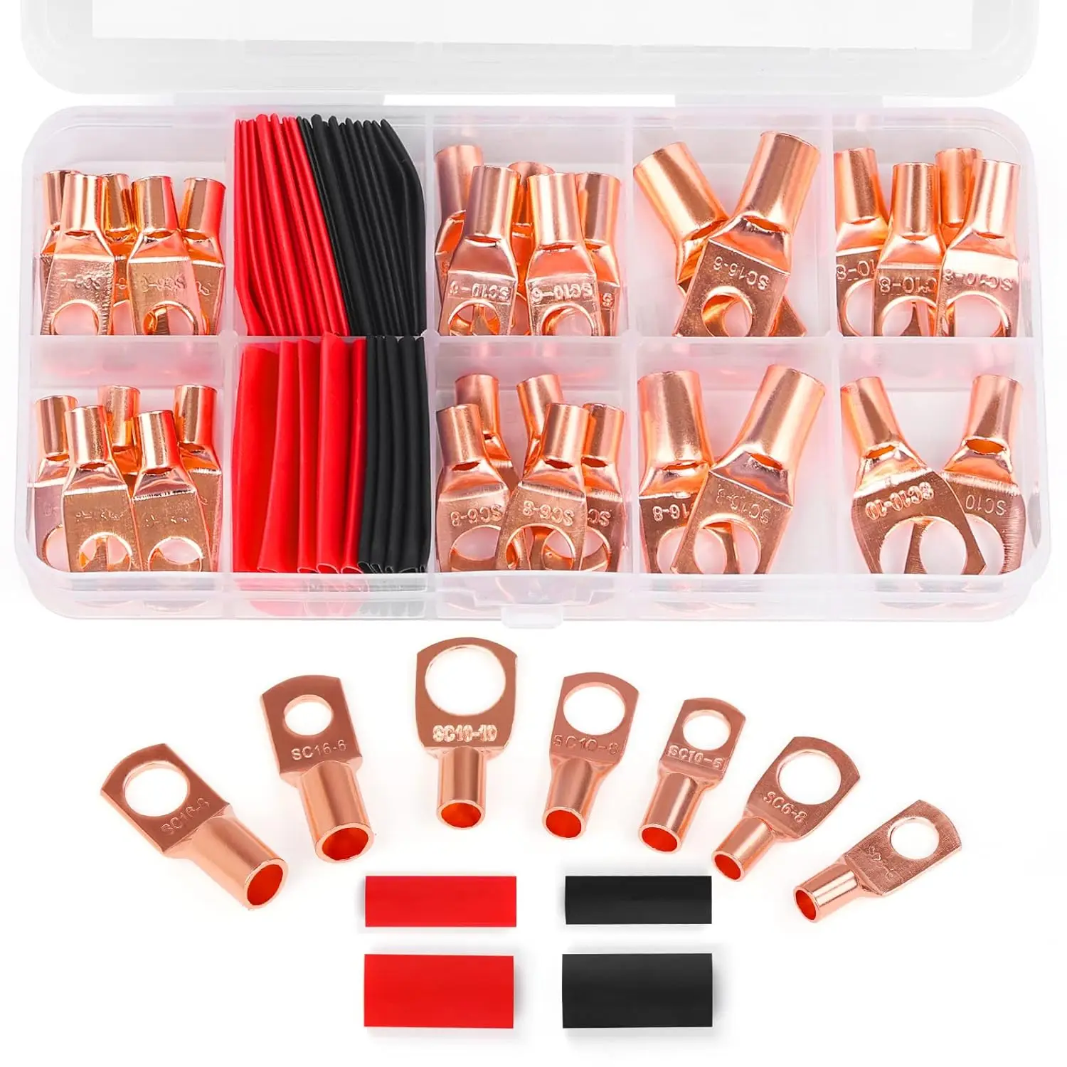 100/60PCS Copper Ring Terminal Lug Kit with Heat Shrink Tubing, AWG 4-12 Electrical Battery Connectors