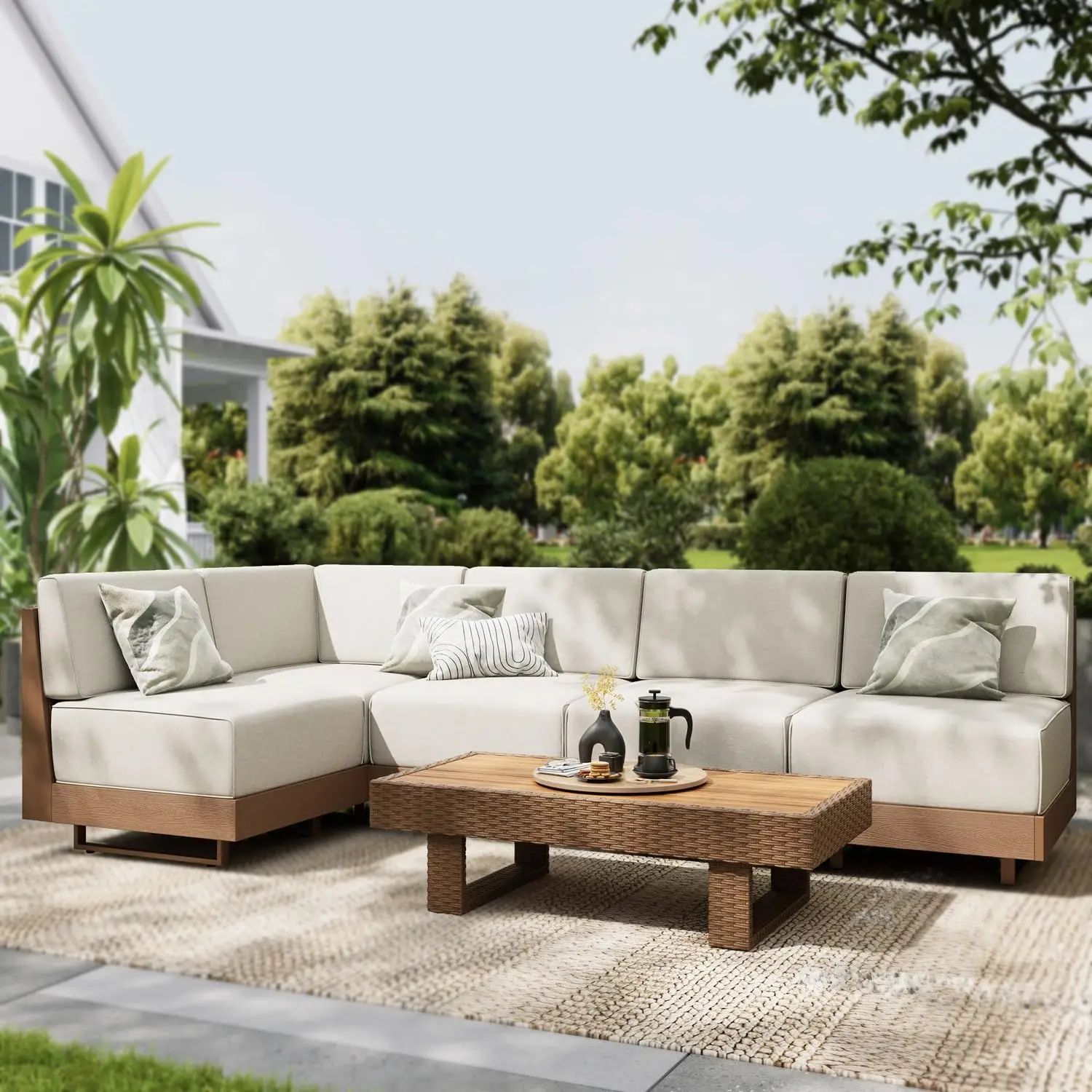 

6pc L-Shape Outdoor Sectional Sofa All-Weather Wicker HDPE Patio Set Ultra-Thick Cushion Backyard Lawn Coffee Table, Custom