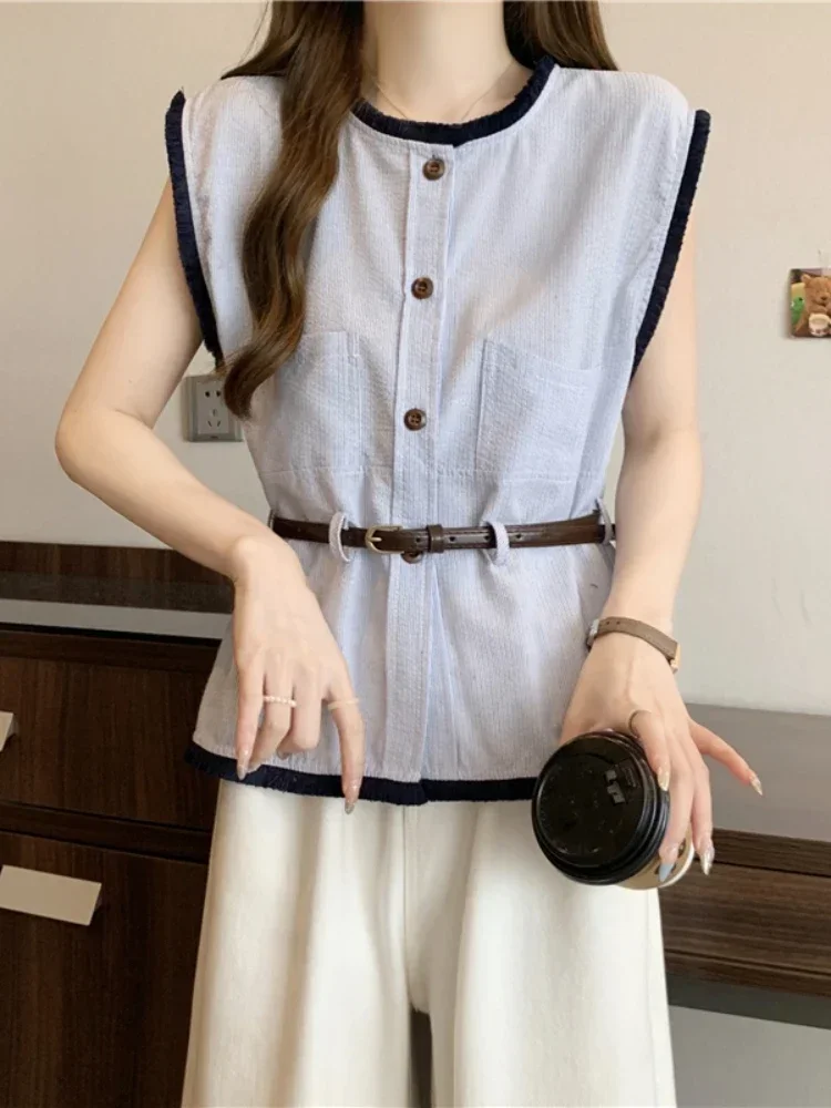 Plus Size Tops Vests Sleeveless Slim Waist Single Breasted Contrast Color T Shirts Summer All Match Vintage Women Clothing 2024