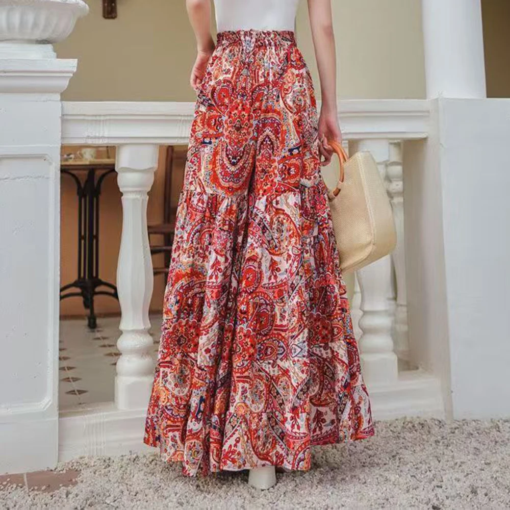 Wide-leg pants summer loose new casual high-waisted trousers beach pants thin printed pants vacation culottes women