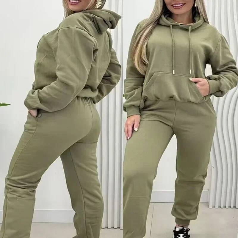 Women Solid Color 2pcs Clothes Set Hooded Long Sleeve Sweatshirt Hoodie & High Waist Elasitc Pants