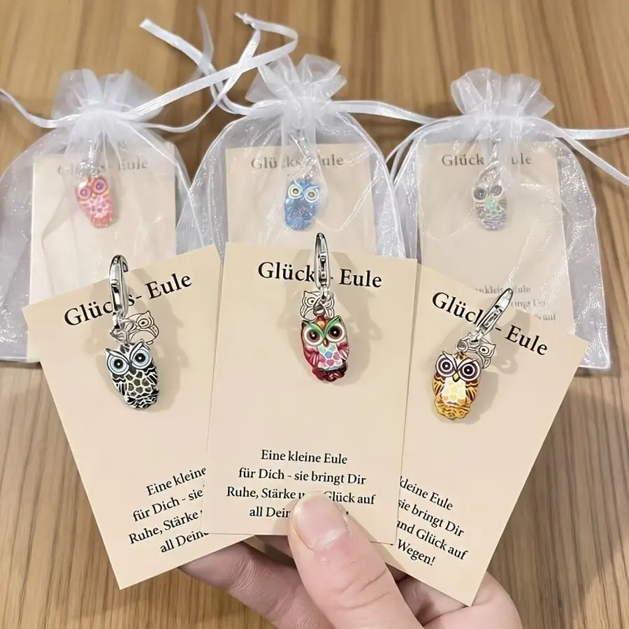 1/5/10/20/50/100pcs Colorful Owl Keychain Set, Includes 6 Keychains/6 Lucky Owl Greeting Cards/6 Mesh Bags, Suitable for Decorat view 4