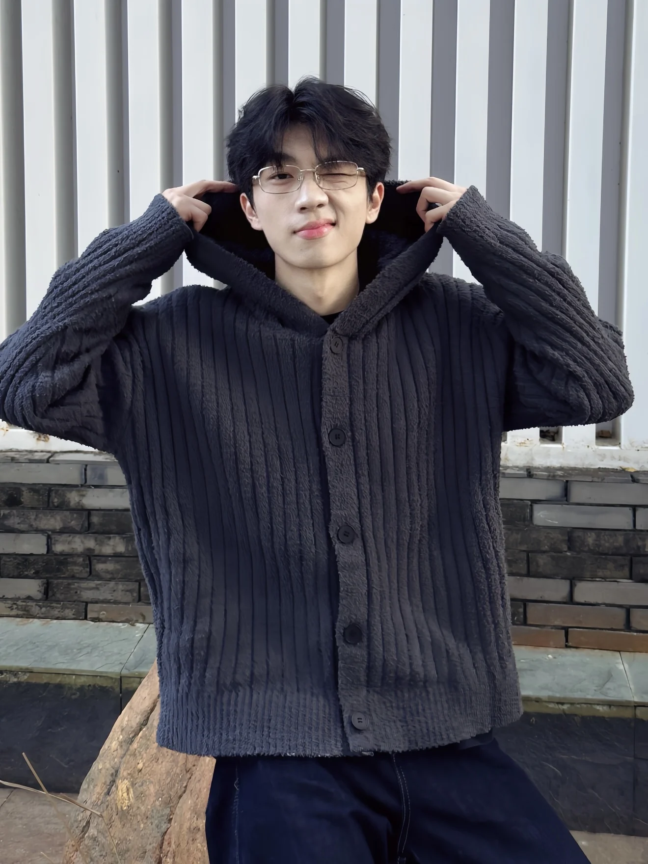 

American Sle Simple Thi Horizontal Stripe Hooded Button Knitted Open Cardigan Men's Winter Texture Casual Versatile Lazy ...