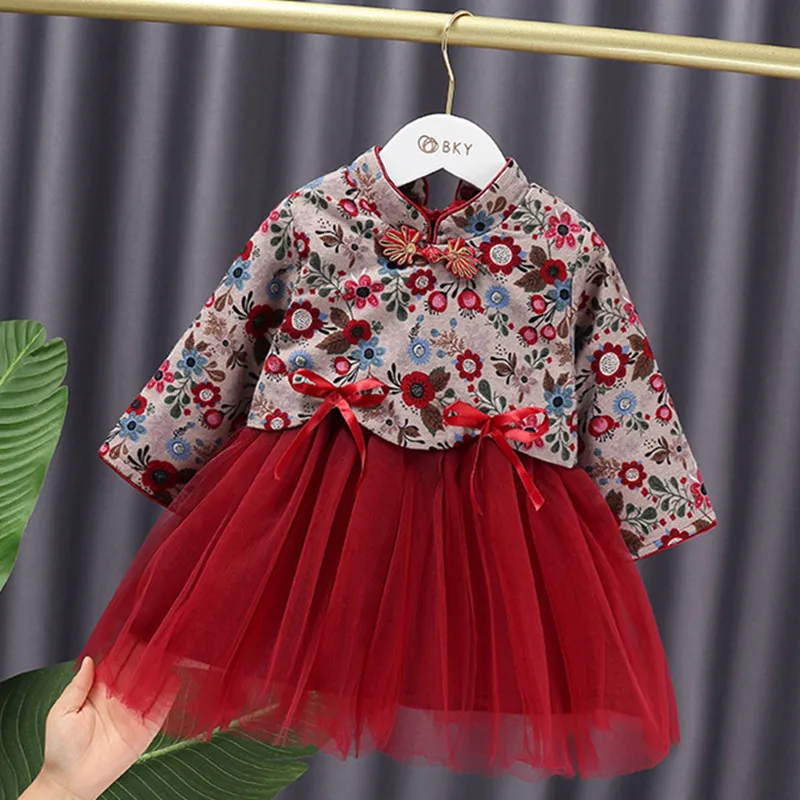 

2023 Winter 2 3 4 6 Years Children Long Sleeve Velvet Spring Festival New Year Birthday Lace Patchwork Dress For Kids Baby Girls