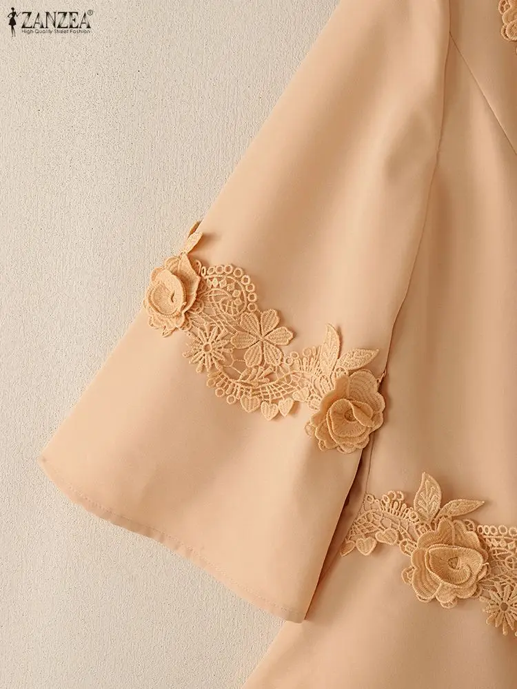 بلوزات نسائية أنيقة مرقعة من الدانتيل موضة الخريف من القماش برقبة مربعة 3/4 كم ملابس علوية بلون سادة ملابس نسائية من ZANZEA #5