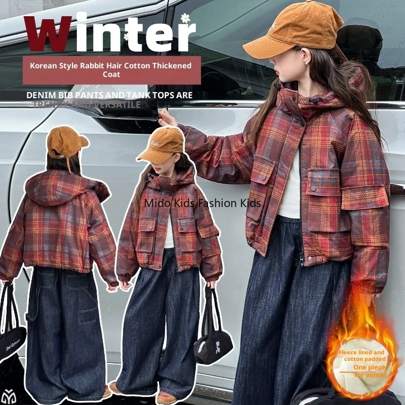 

Girls' Autumn/Winter Fleece-Lined Coat Arrival Children's Winter Thickened Checked Cotton Jacket Older Children's Winter Parka