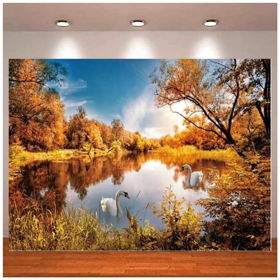 Photography Backdrop Autumn Lake Swan Tree Yellow Grass Blue Sky Cloudy Scenic Photographic Background Poster Photo Studio