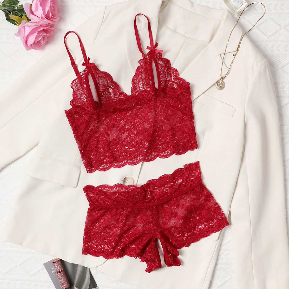 Red Crotchless Sexy Lingerie Set Floral Lace Female Bra And Panties Sets Bow Sling Transparent Open Chest Women's Underwear