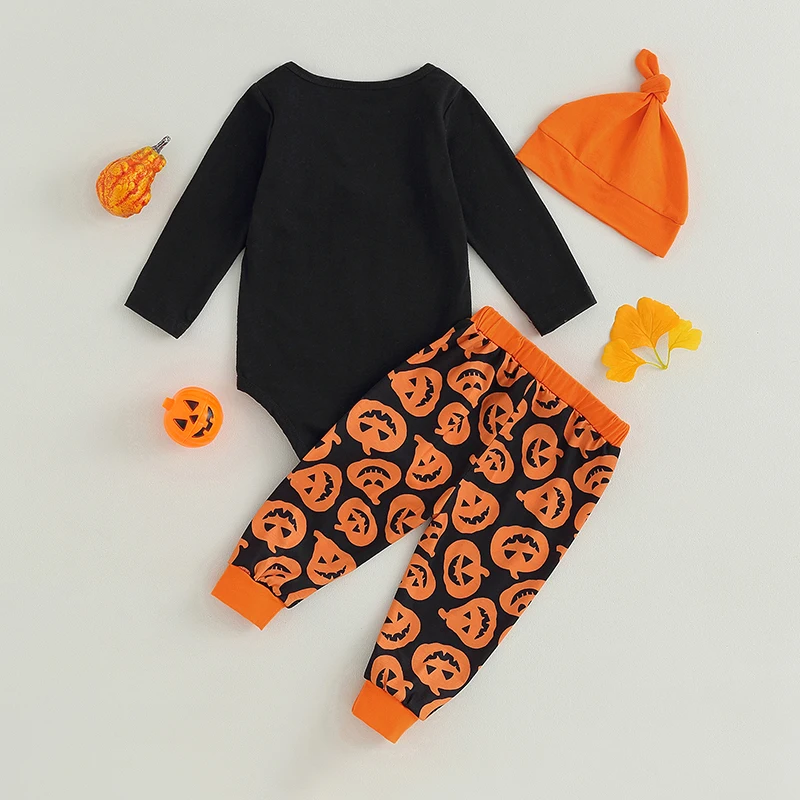 Toddler Boys Autumn Outfits Letter Print Crew Neck Long Sleeve Jumpsuits Ghost Print Long Pants Beanie 3Pcs Halloween Costume