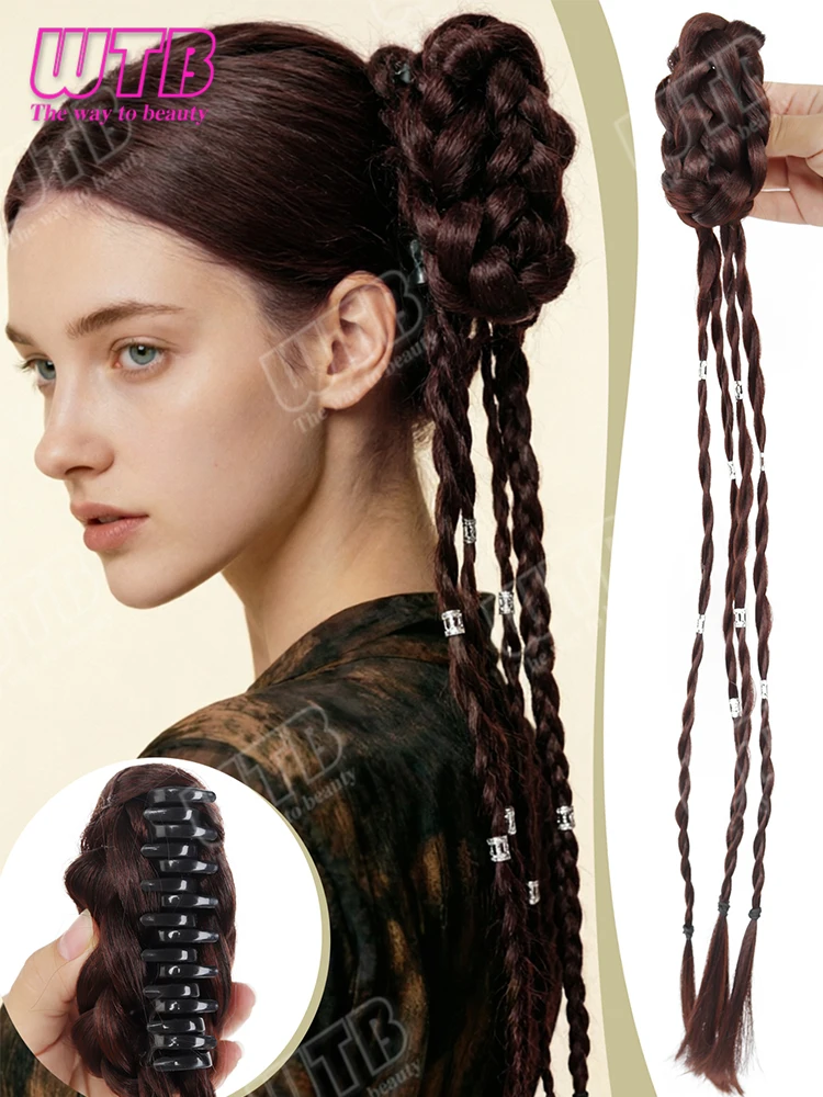 WTB Braided Bun Wig Synthetic Wig Clip Style Braided Bun Wig with Small Braids Suitable for Women's Daily and Holiday Styling