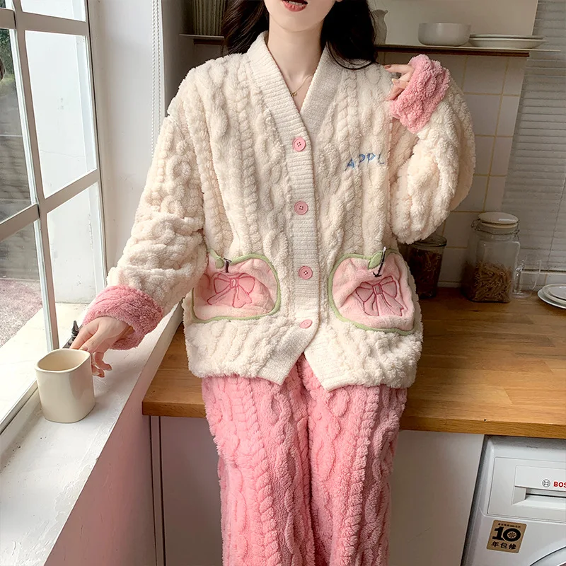 

Women's Coral Fleece Pajama Set Cute Cardigan Cotton Solid Color Sleepwear Cozy Comfortable Flannel Loungewear Homewear