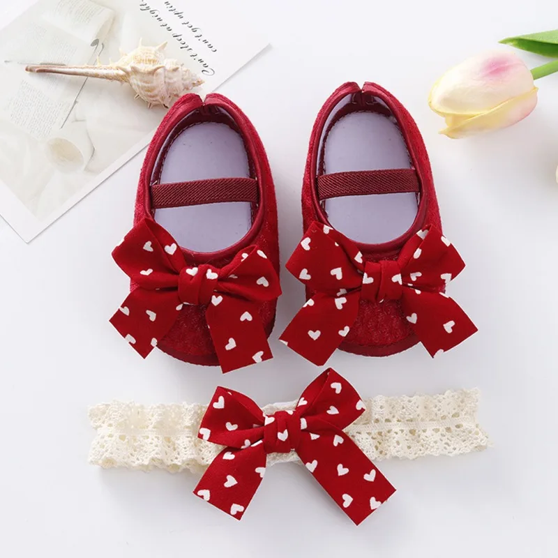 

2024 Spring Newborn Baby 0-6-9 Month Baby Shoes Soft Sole Anti Slip Bow Walking Shoes INS Princess Shoes Headband Set