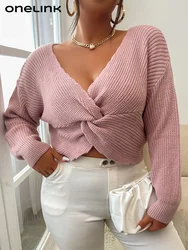 ONELINK Solid Pink Plus Size Women's Sweater V Neck Sexy Cross Knot Front Knitting Pullover Long Sleeve Top Office Lady Daiting