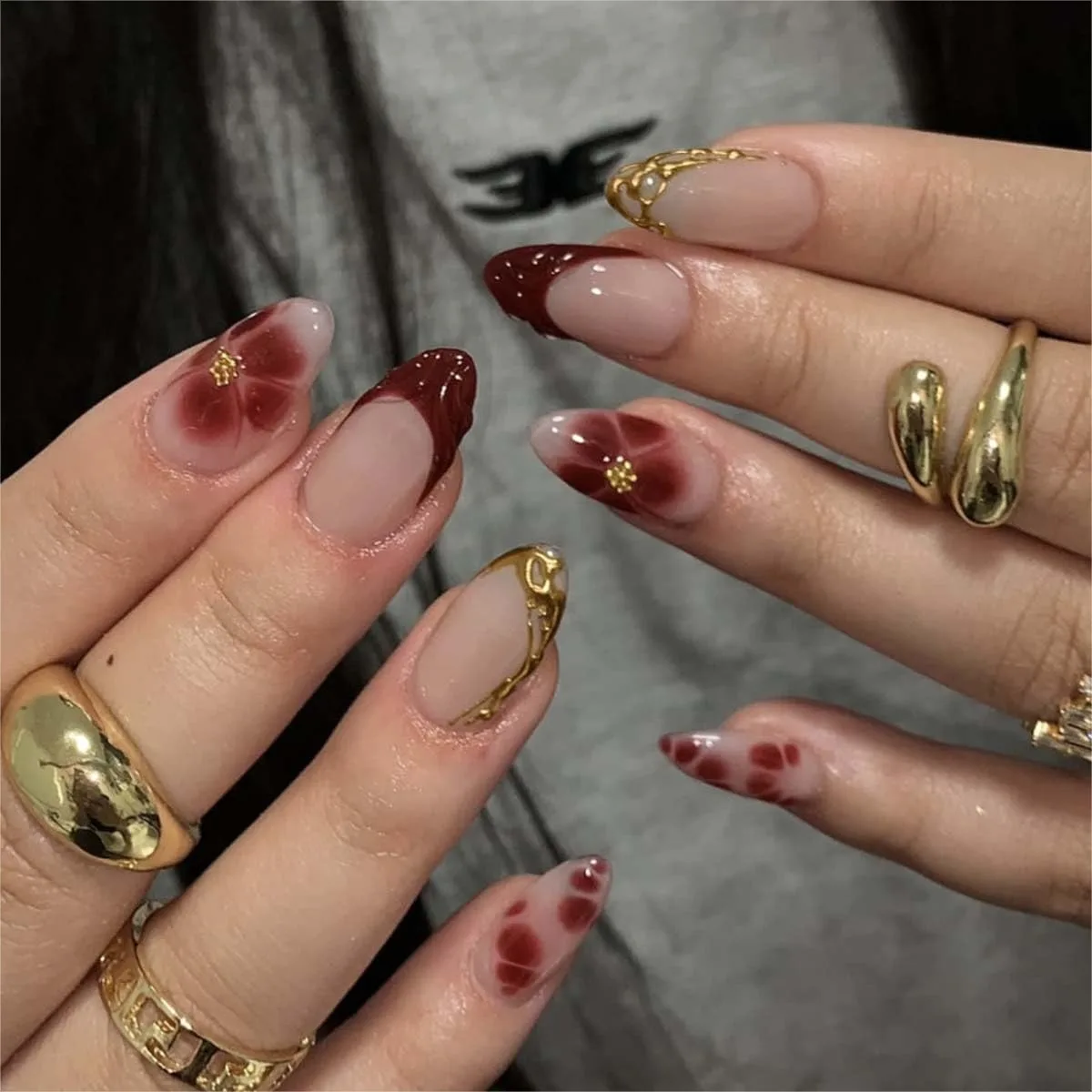 

24 Pcs Medium Almond Press on Nails with Flower and Gold Stripe Design, Fall Fake Nails for Women, Easy Apply Reusable