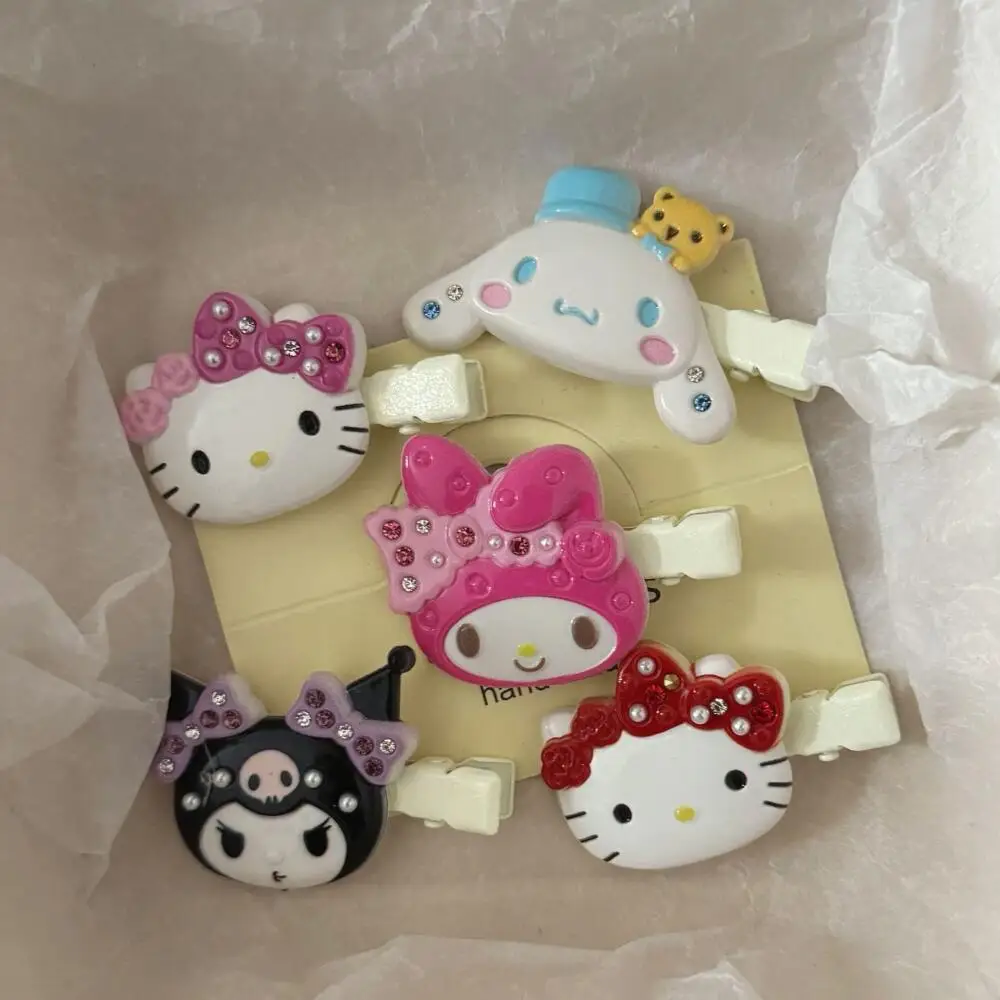 Sanrio Hello Kitty Haarspeldjes Glanzend Roze Kristal My Melody Kuromi Vrouwen Haren Accessoires Zoete Meisjes Hoofdtooi Pony Clip Gift