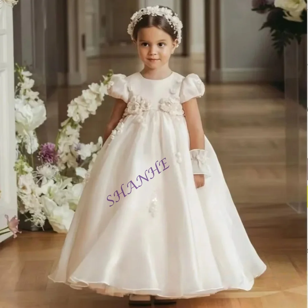 فستان فتاة الزهور مخصص مزين بخصر عالٍ على شكل حرف a وأكمام قصيرة بطول الأرض فستان جميل لعيد الميلاد الأول #5