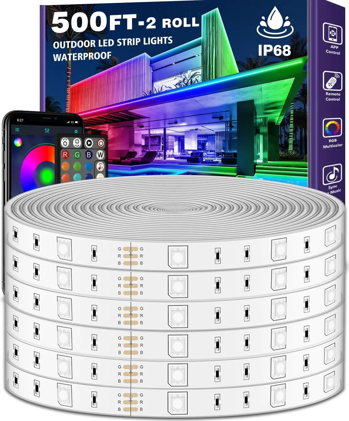 500ft Outdoor LED Strip Lights Waterproof,IP68 Outside Led Light Strips Waterproof with Bluetooth App Remote Control,Music Sync