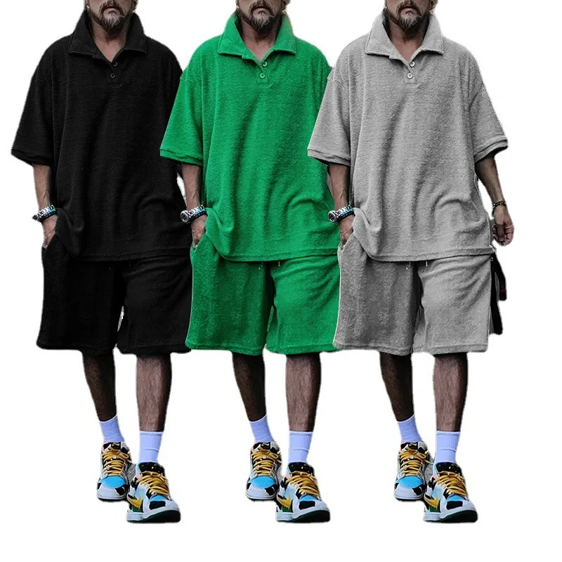 

2025 Summer New Simple Color Men Short Sleeved Shorts Two-piece Set Casual Loose Male Sports Suit