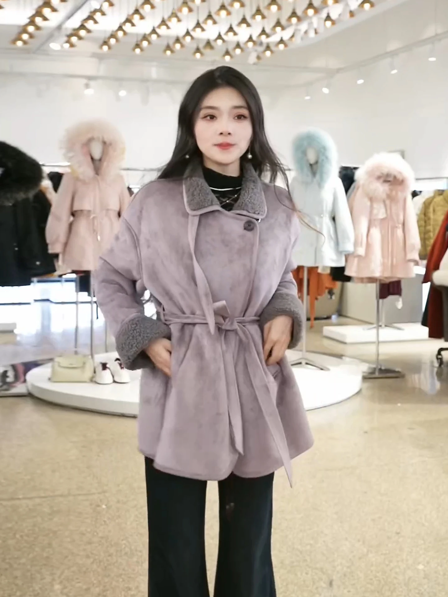 

Chic Versatile Mid-Length Furry Jaet Waist-Cinching Ele Sle Polyester Fiber Long Sve Women's Outerwear Coat