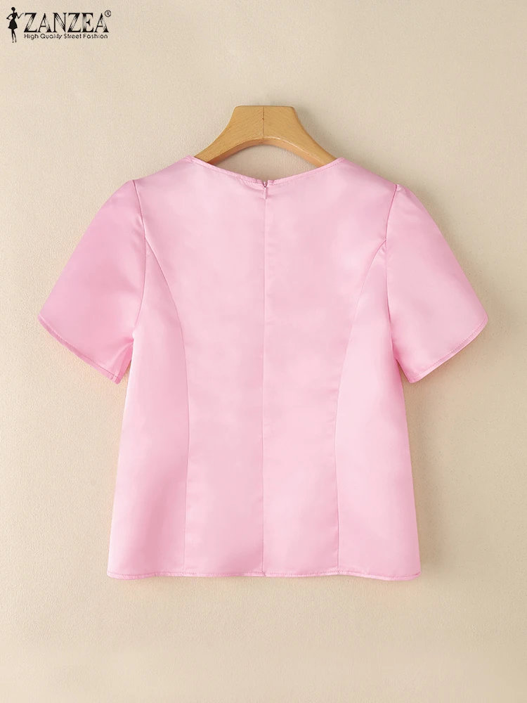 ZANZEA Causal 2025 Summer Tops Woman Solid Color O-Neck Elegant Blusas Mujer Short Petal Sleeve Fashion Day Wear Satin Blouses