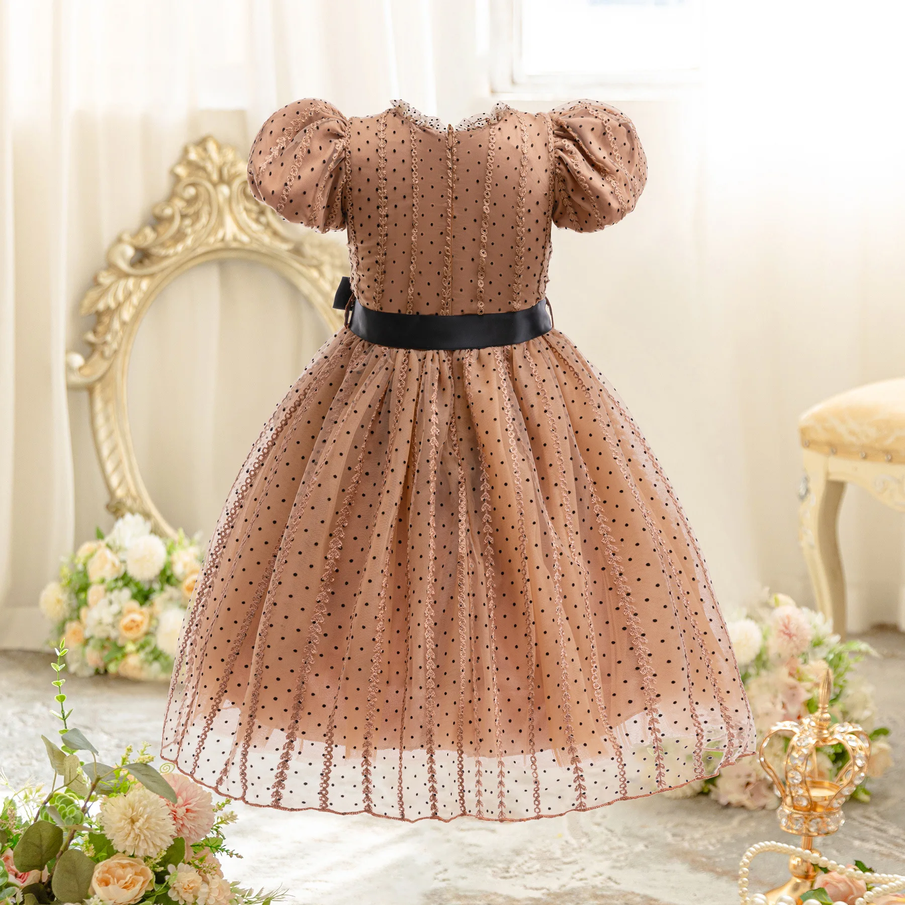 HETISO Retro Dots Baby Girls Casual Dress Brown Party Princess Ball Gown Fashion Holiday Birthday Dresses for Costumes