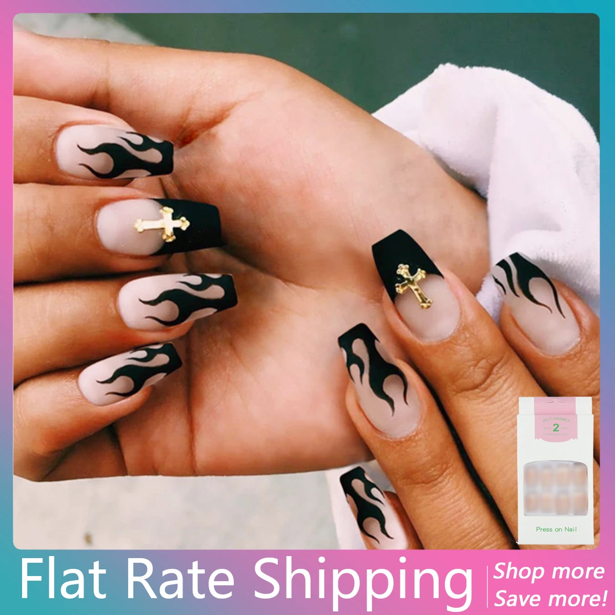 

Flat Rate Shipping 24 Pieces/Box Press On False Nail Art Tips Oval Cofffin Long Fake Nail with Nail Adhesive Accessories