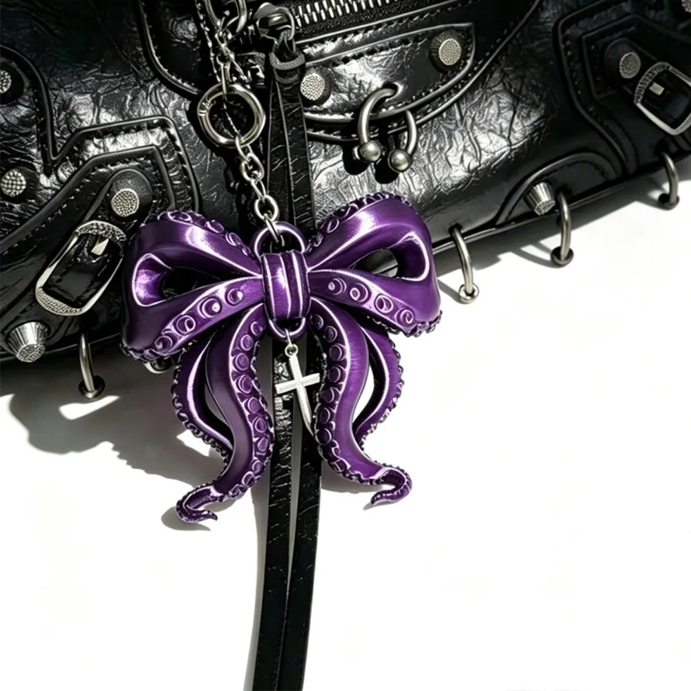 3D Printed Octopus Tentacle Bow Keychain Creative Fashion Octopus Bow Pendant Gothic Cross Cthulhu Style Keyring Backpack Decor