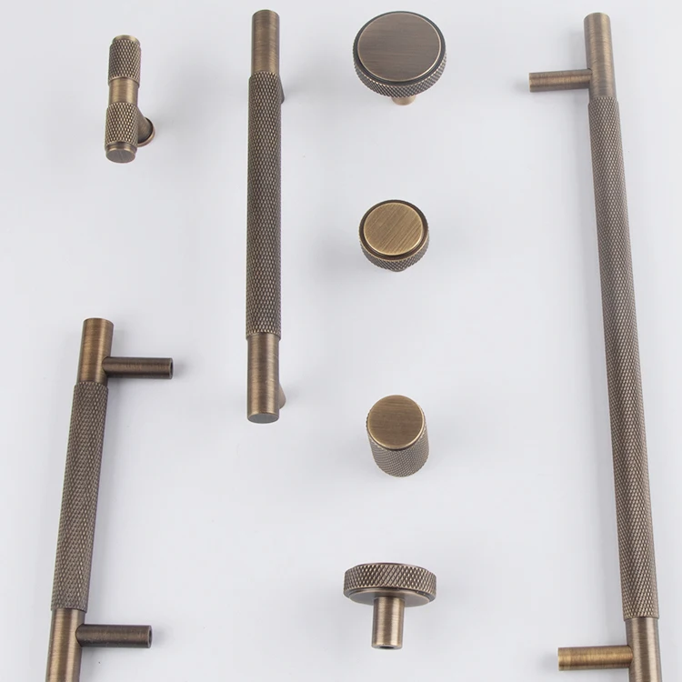 Beicai Solid Brass European Retro Knurling Pull Kitchen Cabinet Antique Brass T-handle Drawer Copper Long Handle