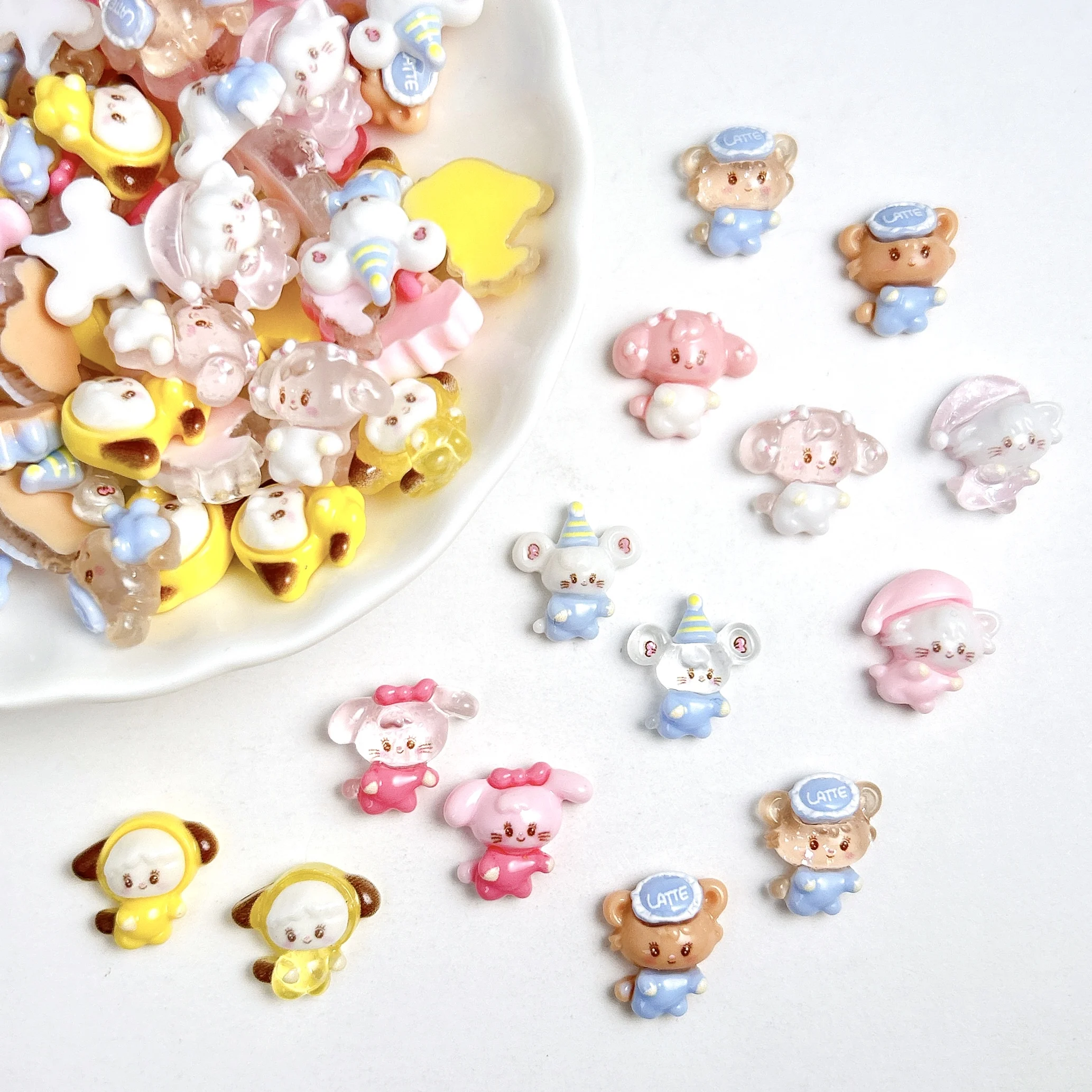 20 pièces dessin animé mignon pyjamas chat ours résine ongles breloques Double Style souris chien mixte animaux Nail Art décorations bricolage pince ongles